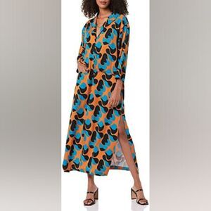 Teresa By Andrea Pitter Maxi Side Slit Orange Teal Maxi Kaftan Dress Size Medium